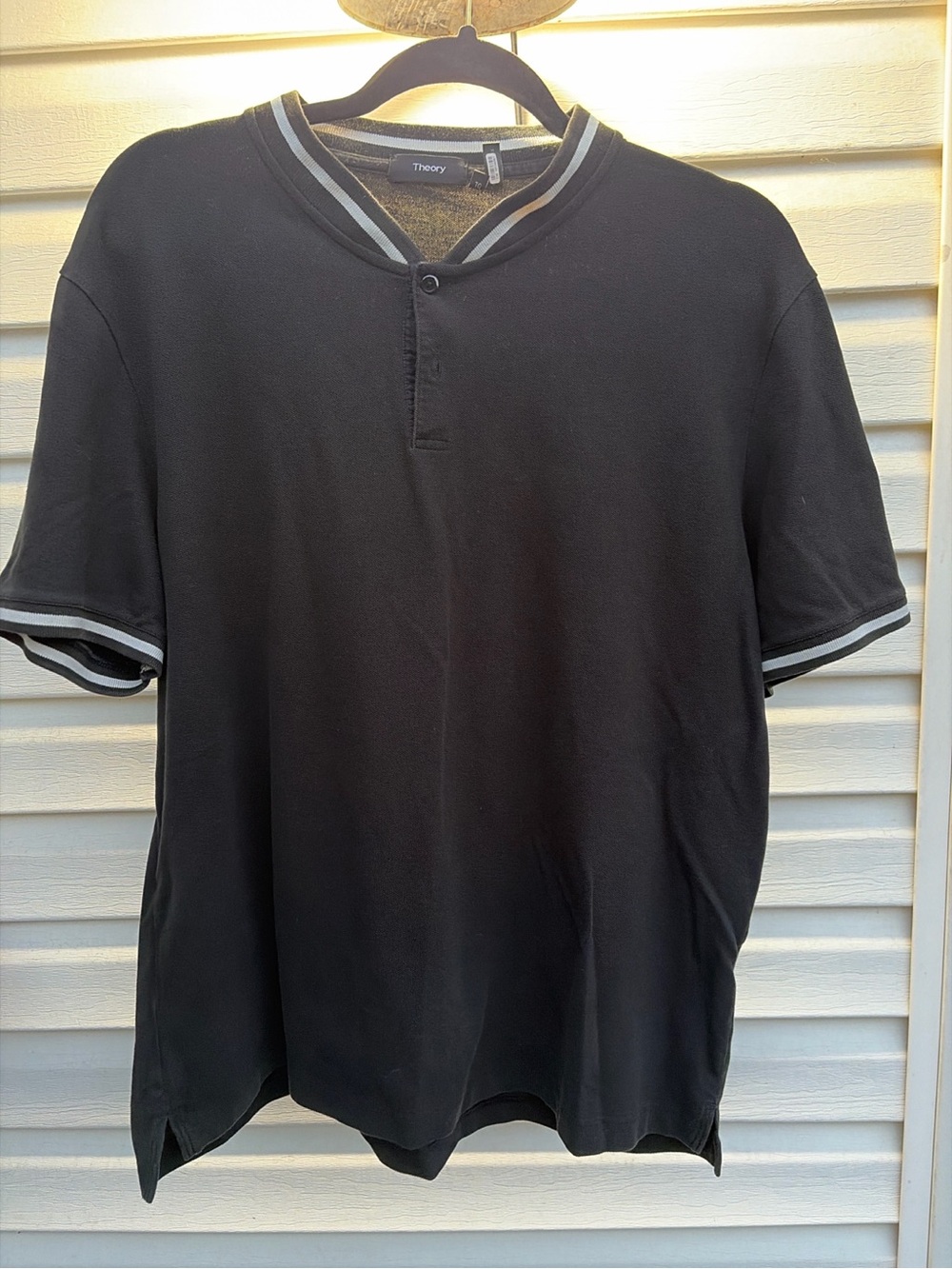 Theory Men’s XL Black Henley Polo Shirt Striped Trim Short Sleeve
